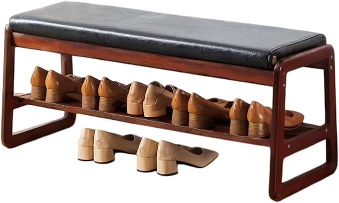 Solid Wood Shoe Bench, 2-Tier Wooden Entryway Bench, Modern Shoe Rack with Faux Leather Cushion for Hallway, Living Room (Black, 39.4'')