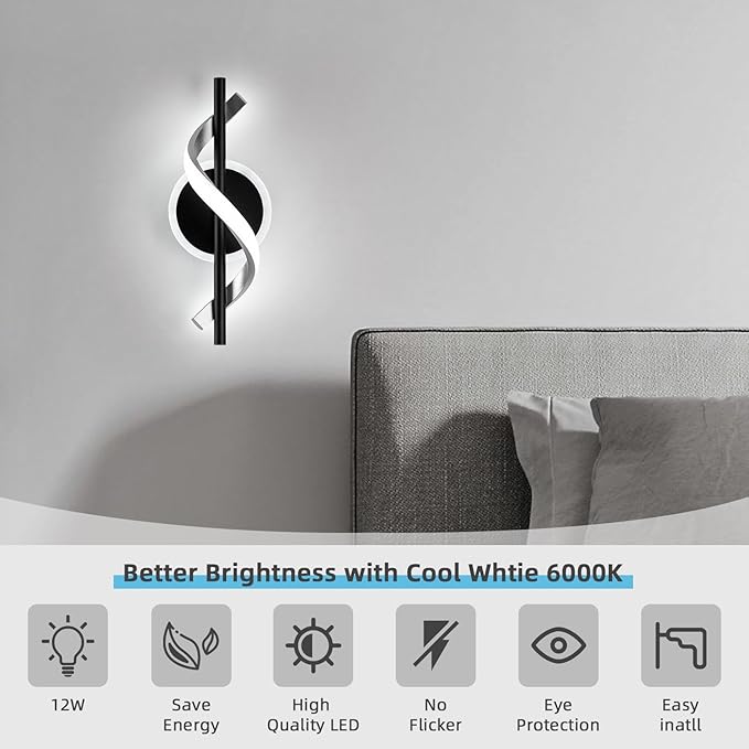 Wall Sconces Sets of 2, 12W LED Wall Mount Lights, Modern Spiral Wall Lamp, 6000K Cold Modern Light Fixture for Stairs, Living Room, Bedroom, Aisle, Hallway