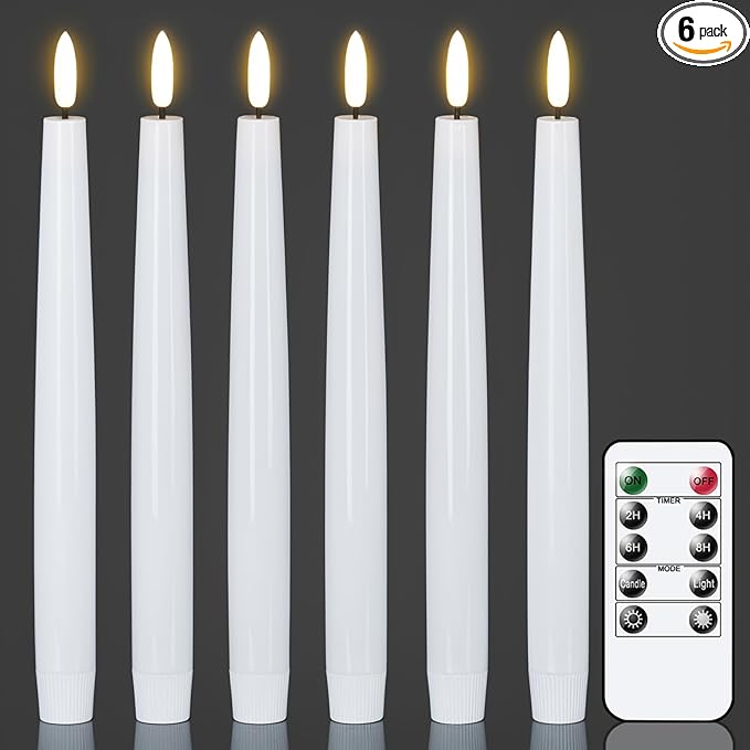 GenSwin LED Taper Candles with Remote Timer, White Flickering Flameless Taper Candles Battery Operated, Real Wax Flameless Candlesticks for Halloween Christmas Decorations(Set of 6, 0.78” x 9.84”)