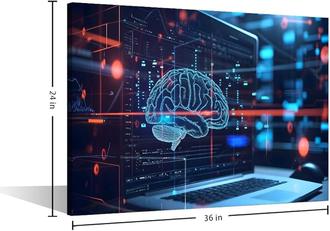 TUMOVO Artificial Intelligence Concept with Human Brain Wall Art for Bedroom Large Living Room Wall Decor Digital Brain on Modern Computer Background Poster Framed Ready to Hang 24" Wx36 Hx1 Panel