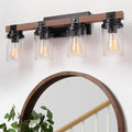 4-Lights Farmhouse Bathroom Vanity Light, Rustic Wood Bathroom Light Fixtures Over Mirror Antique Black Vanity Light with Clear Glass Shade, Farmhouse Wall Sconces Lighting