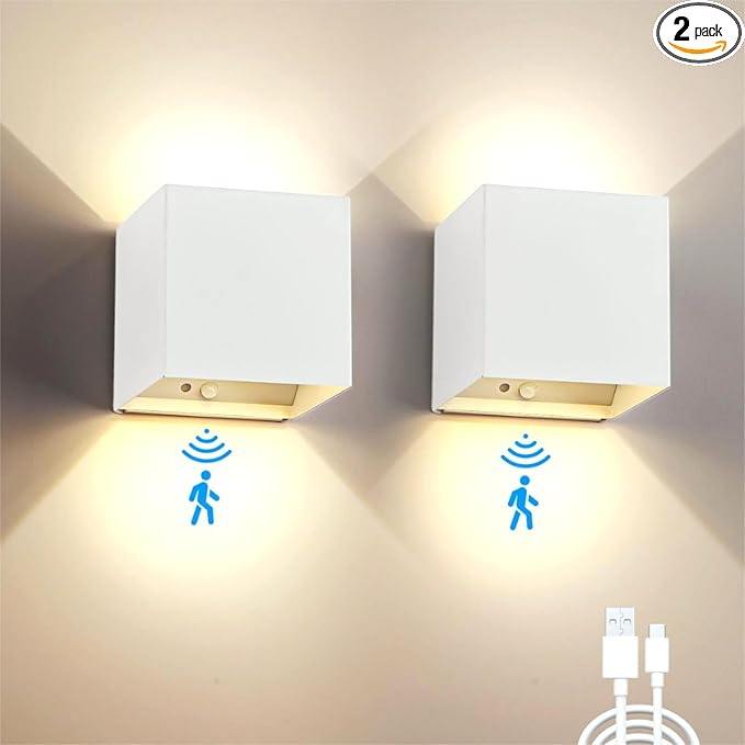 Battery Operated Wall Sconce Set of 2, Motion Sensor Light Indoor, 6000mAh Wall Lights Rechargeable, Magnetic Cordless LED Energy Saving Night Lights for Hallway Stairway Porch, White