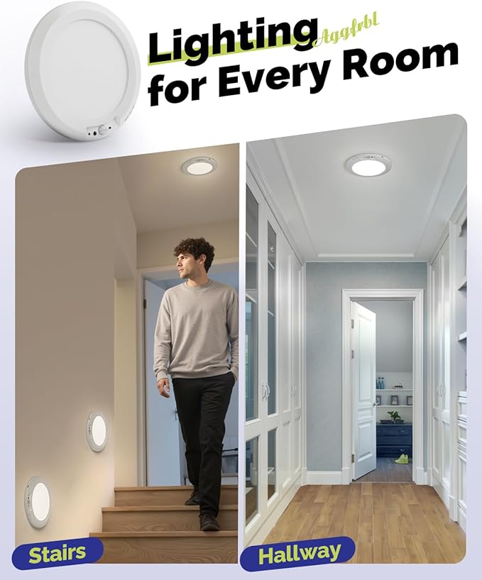 2PCs 10,000mAh Rechargeable Ceiling Light with Remote, Wireless Waterproof Shower Lights 3000K/4000K/6000K, Battery Powered Light for Closet Battery Operated, Motion Sensor Lights No Wiring