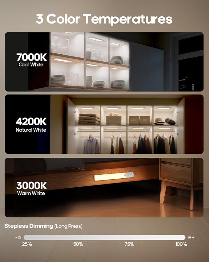 Motion Sensor Light Indoor, 60led Rechargeable Under Cabinet Lighting Wireless, Closet Lights Motion Sensored Night Light, 3 Temps&Dimmable Under Counter Lights for Kitchen, Shelves, Pantry,Stair