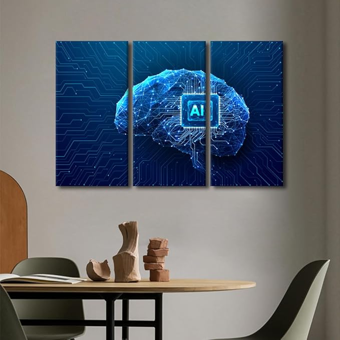 3 Panels Canvas Wall Art Chip Integral Painting Prints on Canvas Wall Art Technology Brain Pictures Giclee Artwork for Home Walls Technology Posters Gallery-wrapped Framed Ready to Hang, 60"Wx40"H