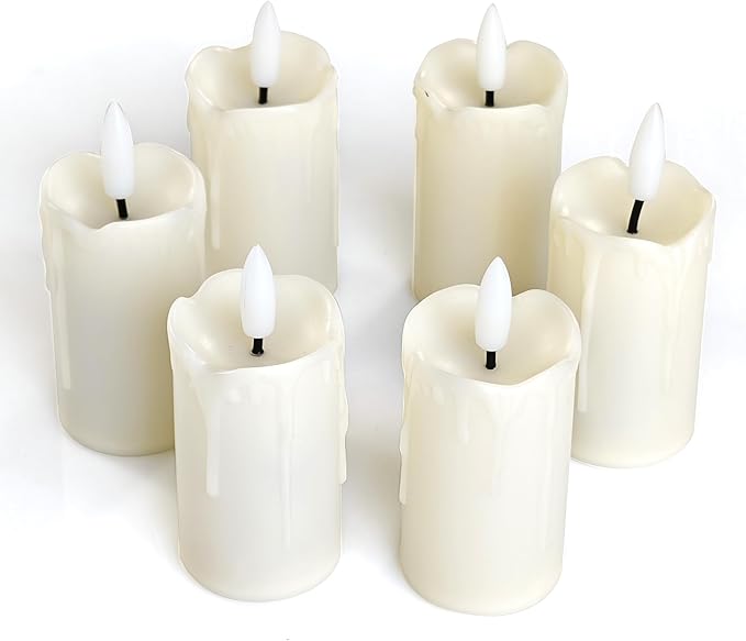 Battery Operated Plastic Flameless LED Drip Votive Candle with Cycling Timer, 6 Pack Flickering Realistic Electric Light for Indoor Bookshelf Wedding Dinner Party Centerpiece Fireplace X-mas Decor