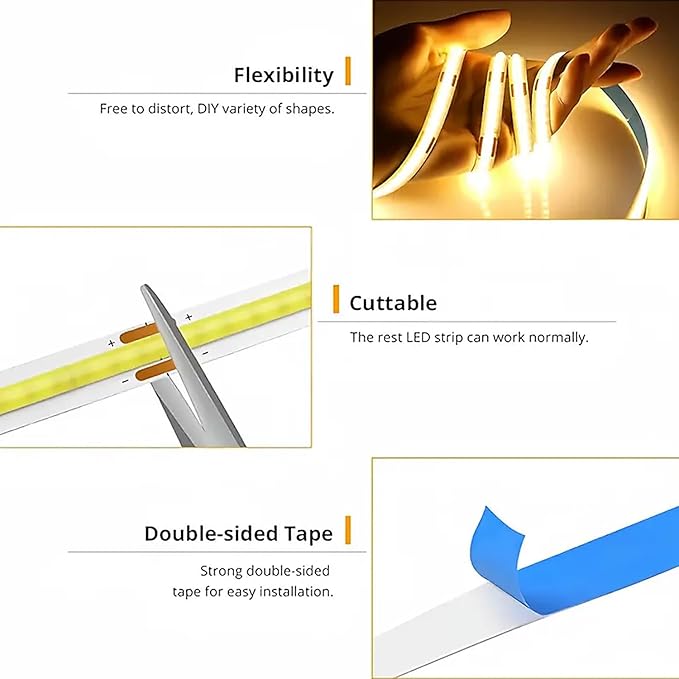 A 5V USB LED Light Strip, COB LED Strip Lights, Warm 5V LED Lights, Small LED Strip Light, TV Lights for TV Under Cabinet Kitchen Living Room Shelving or Displays (Warm 6.56ft)