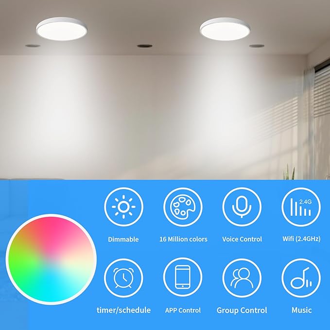 HomeKit Smart LED Ceiling Lights RGBCW Color Changing Ceiling Light Work with Apple HomeKit, Alexa Google Home Flush Mount Ceiling Lamp 24W Dimmable for Living Room, Bedroom, Home Use