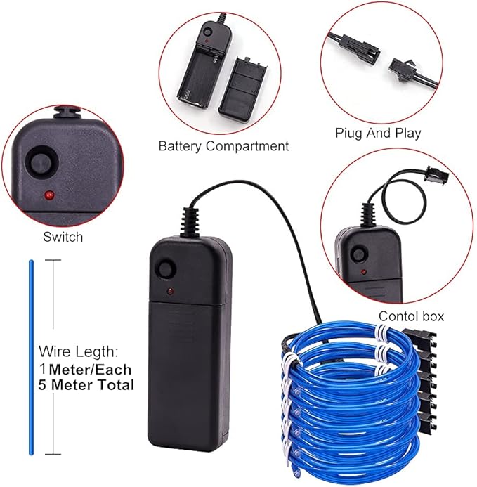 Ourbest EL Wire Lights Battery Powered, Wearable Led Wire Lights 5in1 neon String Light,DIY neon Sign kit Stay/Slow/Fast Flash Party Decoration 1M Blue