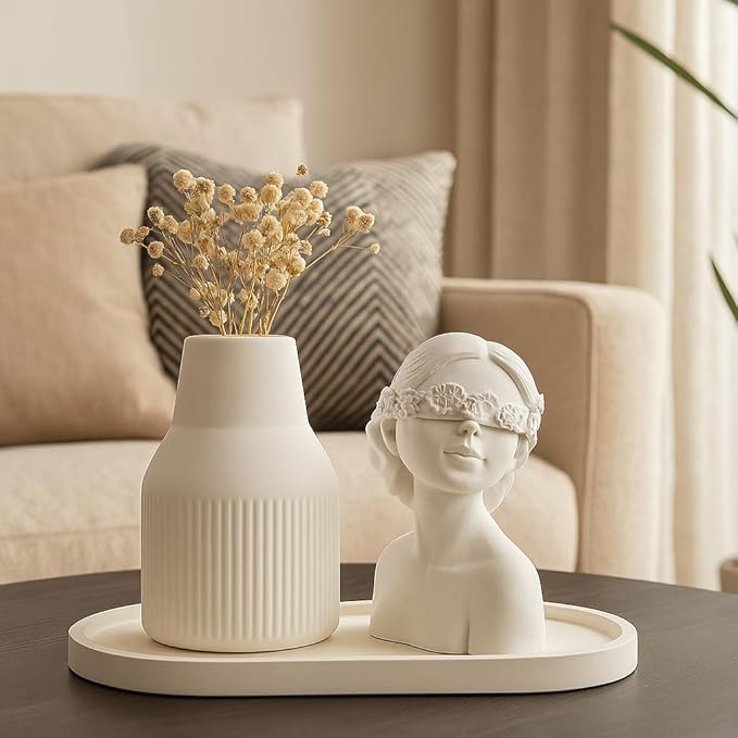 Modern White Plaster Decorative Vase Set - Abstract Minimalist Home Decor Vases with Tray for Living Room, Coffee Table