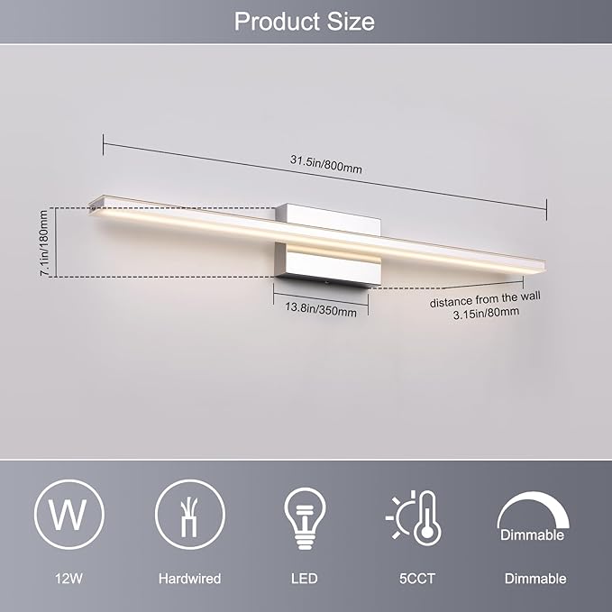 LED Modern Bathroom Vanity Light Fixtures 24W Dimmable 5CCT LED Vanity Light Bar Over Mirror Matte Black Wall Light for Bathroom 31.5 inch Long