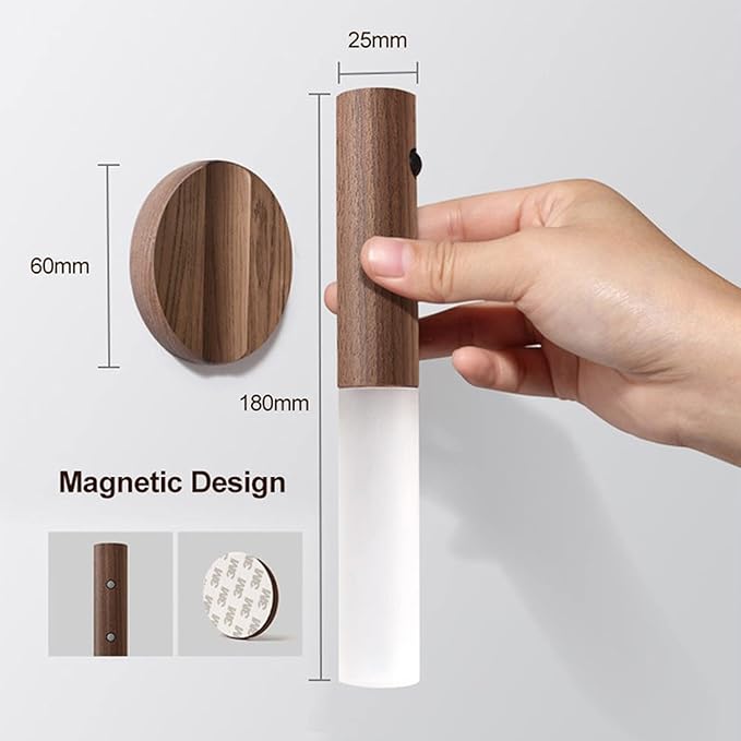 Motion Sensor Wall Lights Wood Battery Operated Sconce Light Indoor Magnetic USB Rechargeable Wireless Wall Lamp for Bedroom Hallway, Warm White 3000K