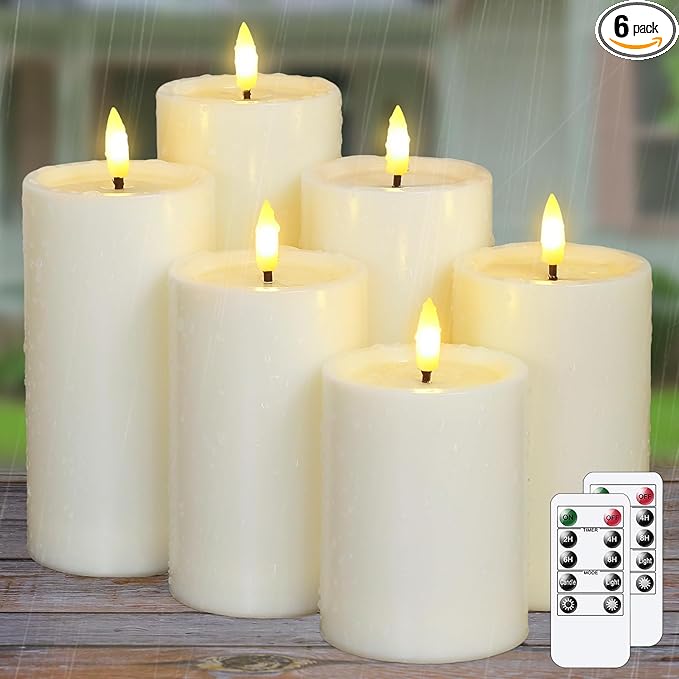 Outdoor 6pcs Flameless Waterproof Candles with Handy Remote Control, Cycle Timer Battery Operated Candle Grease Effect LED Flickering Pillar Plastic Long Lasting (Ivory, 3" x4" 5" 5" 6" 6" 7")