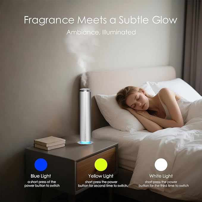 Waterless Essential Oil Diffuser, Long Lasting Aromatherapy Scent Diffuser for Home with Light Mode, 1500 Sq. Ft Coverage Quiet Oil Diffusers for Bedroom, Office, Included 5 Scent Oils(3.3OZ), Silver