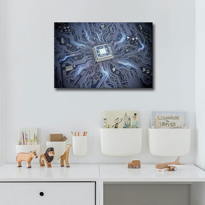 TUMOVO Wall Art for Living Room Large Size Internet Concept Office Wall Decor Circuit Board with CPU Canvas Prints AI Modern Artwork for Bedroom Bathroom Framed Ready to Hang, 36x24in