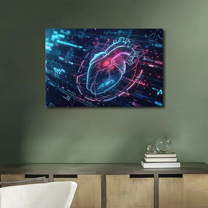 Artificial Intelligence Heart Paintings Canvas Wall Art Framed Bedroom Art Wall Decor Human Heart Pictures for Living Room Wall Decoration Posters with Frame Ready to Hang 16" Wx24 Hx1 Panel