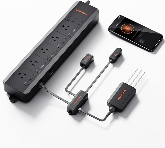 Spider Farmer GGS AC5 Power Strip Kits, 5 AC APP-Based Controls Outlets, 3 in 1 Soil Sensor, Temp Humid Light Sensor, for Indoor Grow Tent and Room