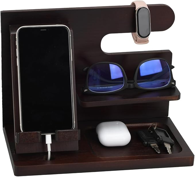 Wood Phone Docking Station,Bedside Table Organizer,Nightstand Organizer,Charging Station Organizer,Birthday Gifts for Men (Brown)