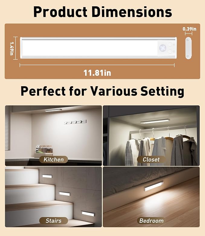 Under Cabinet Lighting, Rechargeable Motion Sensor Light Indoor, 4 Pack Magnetic Dimmable Closet Lights, Wireless Under Counter Lights for Kitchen, Stairs,Hallway(11.8inch)