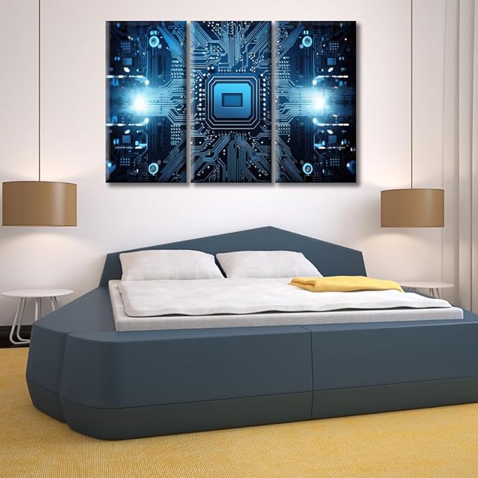 Art 3D Technology Motherboard Canvas Wall Art Microchip 3 Panels Modern CPU Artwork Prints Quantum Computer Pictures Canvas Wall Decor for Home & Office Decorations Framed Ready to Hang 60"Wx40"H