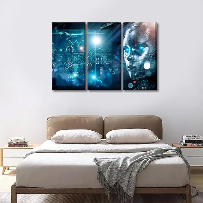 Bedroom Wall Art 3 Panels Machine Learning, Data Exchange, Deep Learning, Industry 4.0 Posters Print on Canvas Wall Decor for Living Room Bedroom, Stretched and Framed Ready to Hang, 20x40inchx3