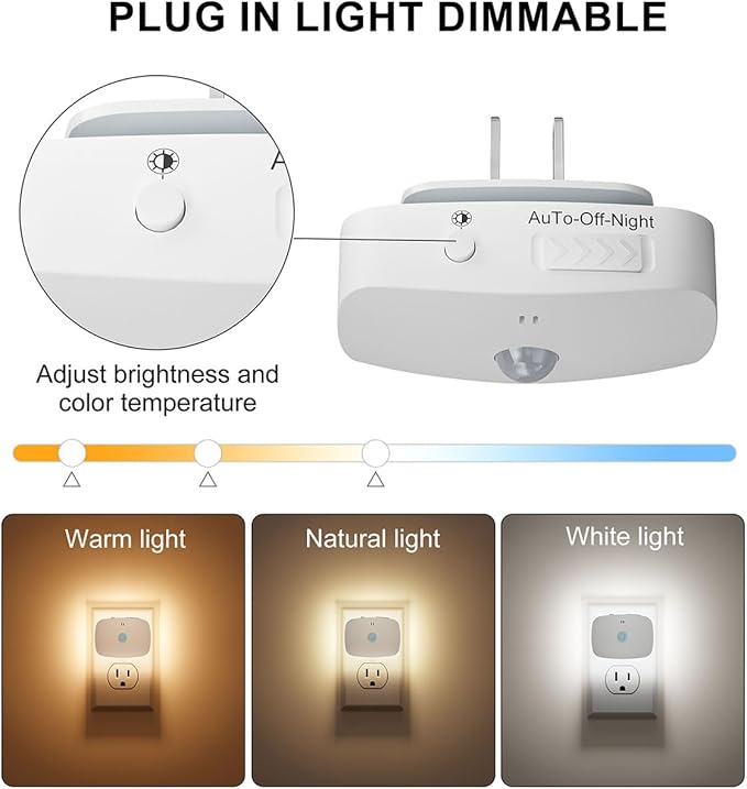 LED Night Light, Plug-in LED Backlit Night Light with Motion Sensor & Dusk to Dawn Sensor, Dimmable Nightlight 3-Color Temperature Adjustable Brightness for Bedroom Bathroom Stairs Hallway