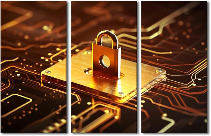 Wall Art for Living Room 3 Panel Padlock on Circuit Board Neon Gold Posters and Prints for Home Hotel Office Wall Decorations, Wooden Framed Gallery-Wrapped Ready to Hang, 42" Wx28 H