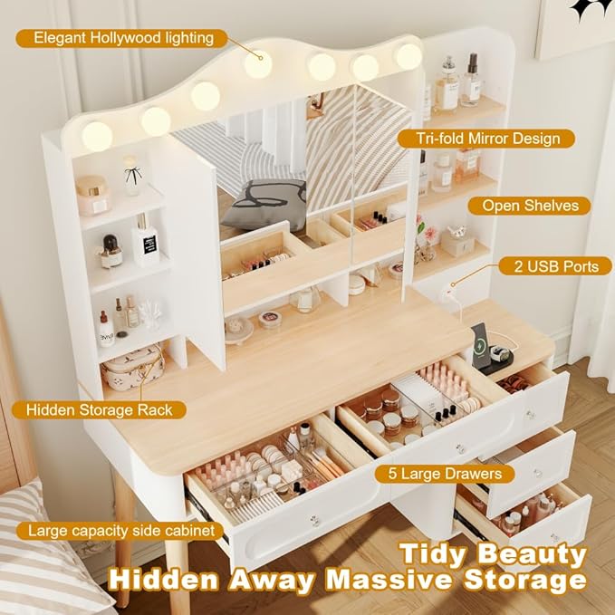 Vanity Desk with Mirror and Lights,Makeup Vanity with 2 USB Power Strip,Vanity Set with Two Drawers and Three-drawer Chest, 3 Lighting Modes Adjustable Brightness, Foldable Three-sided Mirror(White)