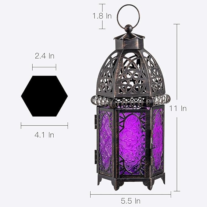 DECORKEY Halloween Decorations Indoor, Purple Decorative Candle Lantern for Moroccan Light Decor, 12.8’’ Vintage Metal Hanging&Tabletop Lantern, Ramadan Lantern for Home Outdoor Patio(Purple)