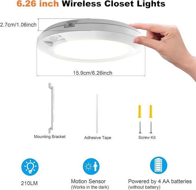 Battery Operated Motion Sensor Light Indoor, 6.3", 210LM, 6000K Cool White, Wireless Stick-on or Screw Mount for Ceiling/Wall, for Closet, Pantry, Shed and Cabinet, 2-Pack