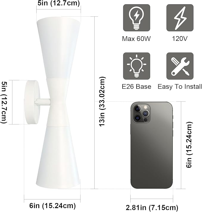 Modern Indoor Wall Sconces Set of 2 Up and Down White Wall Sconces Mid Century Indoor Wall Light Fixture Hardwired Wall Mounted Lamp for Living Room Bathroom Bedroom Hallway 13 Inch