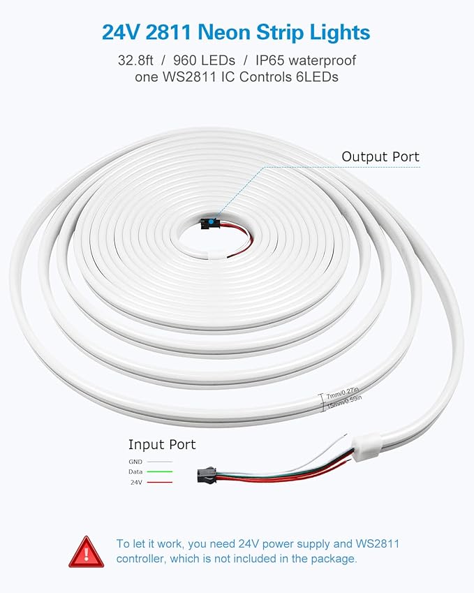 ALITOVE Neon Rope Light Addressable WS2811 RGB IC 32.8ft Room Decor Flexible Programmable Pixels Strip 24V Outdoor IP65 Waterproof (No Power Supply & Controller)
