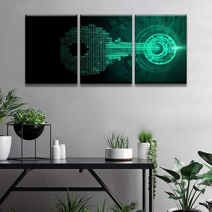 LSIUHWUWI 3 Panel Wall Art Abstract Key Made from Binary Code Fits Iinto A Lock Pictures Print on Canvas for Home Office Wall Decorations,Wooden Framed Ready to Hang, 12x16inchx3