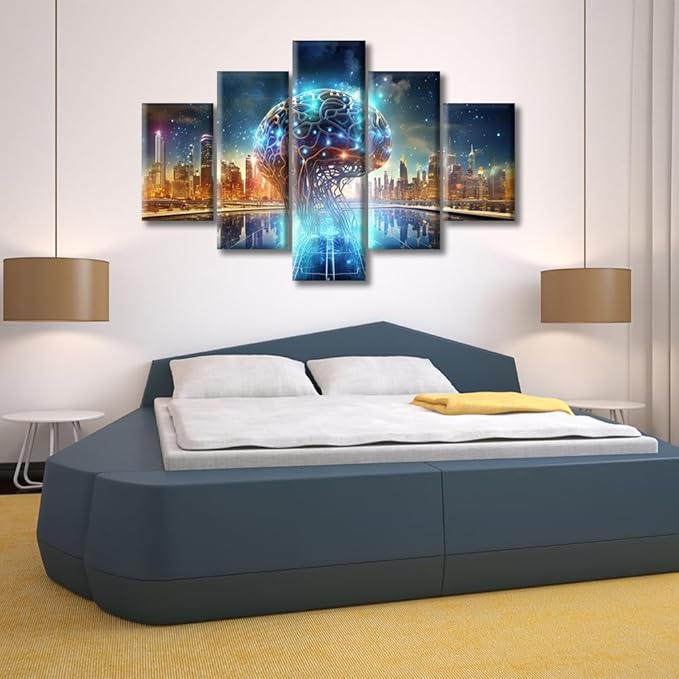 5 Pieces Canvas Prints Smart Brains for Future Cities Wall Art Human Brain Energy Modern Home Decor Poster Living Room Bedroom Decoration Brain Artwork Painting Framed Ready to Hang, (60"Wx40"H)