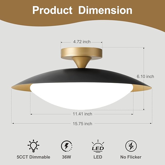 Dimmable Mid Century Modern Ceiling Light,5CCT LED Black and Gold Semi Flush Mount Ceiling Lighting, for Kitchen Bedroom Hallway Bathroom 2700K-6000K 15.75 in