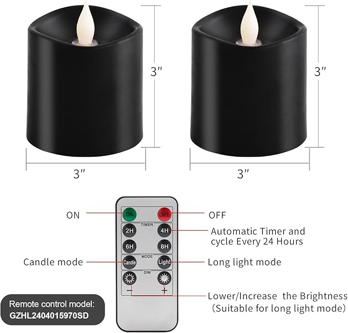 3x3 Flickering Flameless Candles Set of 2, 2AA Battery Life 600 Hours Battery Candles Flickering with Timer, 3 inch Flameless Candles with Remote for Indoor/Outdoor, Black