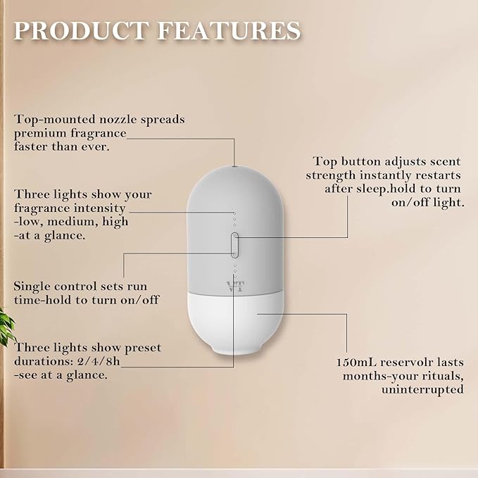 Plug in Waterless Oil Diffuser and 5 OZ Essential Oil for 600 Sq. Ft Room Home Hotel Office, Mini Wall Mounted Smart Scent Air Freshener Machine with Bluetooth App, House Outlet Aroma Diffuser White