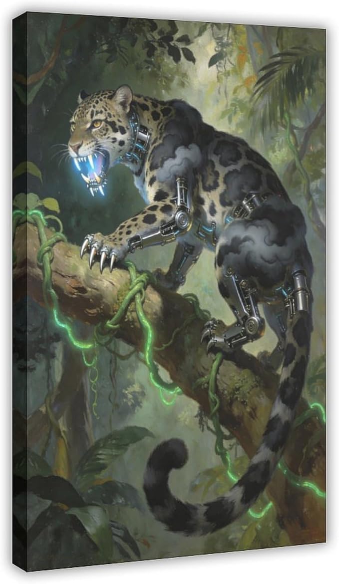 Framed Steampunk Mechanical Leopard Wall Art - Jungle Futuristic Beast Poster for Man Cave Living Room Decor 20x30inch(50x75cm)