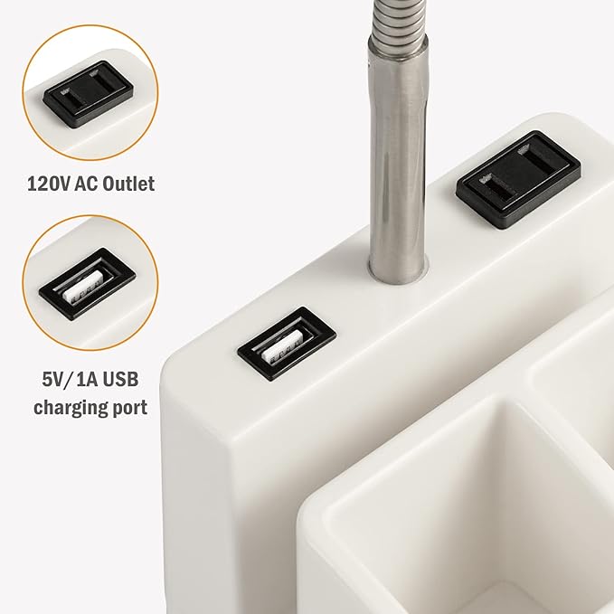 LED Desk Lamp with 1 USB Charging Port and 1 AC Outlet, Organizer Base, Adjustable Neck, On/Off Switch, Modern Table Lamp for Reading, Working, Studying, Gentle Warm White Light, Eye Protect