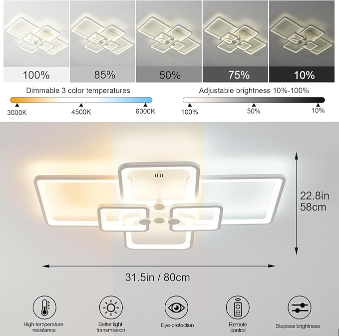 Dimmable White Modern Ceiling Lamp with Remote for for Living Room,6 Square Acrylic Modern Lighting Fixture Ceiling Lights,3000K-6500K Flush Mount Light Fixture for Bedroom Dining Room