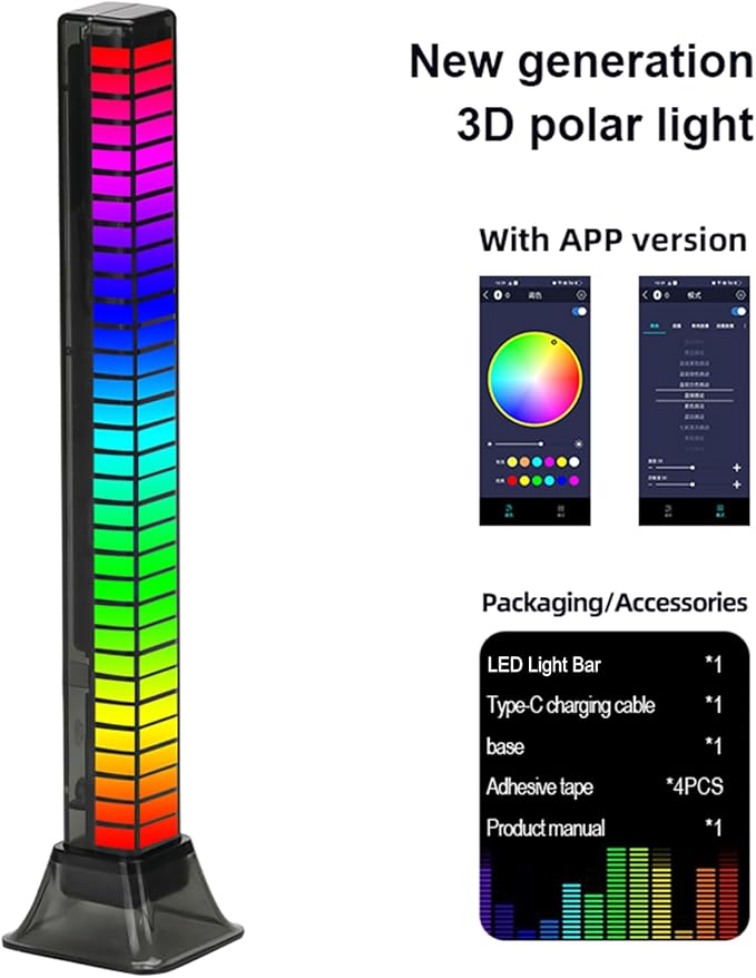 LED Light Bar, RGB Sound Control Atmosphere Light, Rechargeable Battery USB Powered Rhythm Light Pickup, Dimmable RGB Flow Light Bars, for Car, Gaming, TV, Party(Size:Charge,Color:B)
