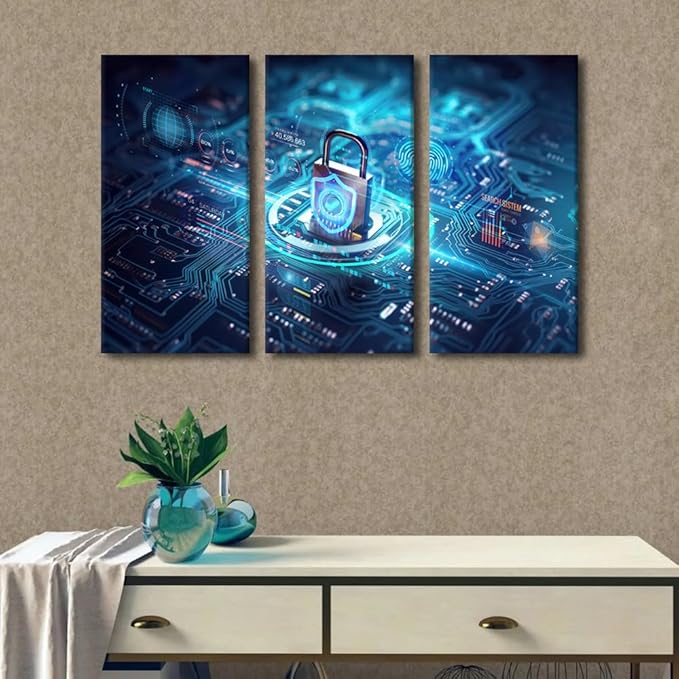 TUMOVO Wall Pictures for Living Room 3 Panels Modern Wall Art Motherboard Closeup and Safety Lock with Login and Connecting Verified Credentials Poster for Home Wall Decorations, 42" Wx28 H
