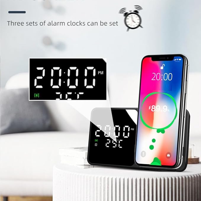 IHAO Multifunctional Alarm Clock with Wireless Charging for Phone 15W Fast Charger Large LED Display Temperature Phone Bracket for Bedside & Desk-W5 White