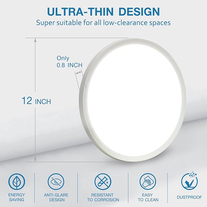 LED Flush Mount Ceiling Light Fixture 4 Pack, 24W 2400LM, 12-Inch Dimmable Low Profile Round Ceiling Light with 3 CCT (3000K/4000K/5000K), 5%-100% Dimming for Bedroom, Living Room & Hallway, White