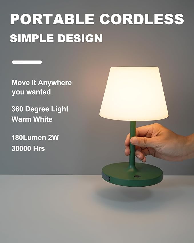 Outdoor Battery Operated Table Lamp Waterproof, 4000mAh Cordless Table Lamp Rechargeable, Touch Dimmable Desk Lamp, LED Night Light for Patio Camping Restaurant Home, H9.6in, Green