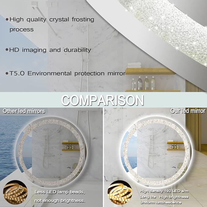 THEKLA Crystal Round Lighted Mirror for Bathroom Makeup Wall Mounted 20 inch Crystal Round Vanity Mirror with Lights Smart Memory 3 Color Dimmable AntiFog 20" Diamond Circle LED Light up Mirrors