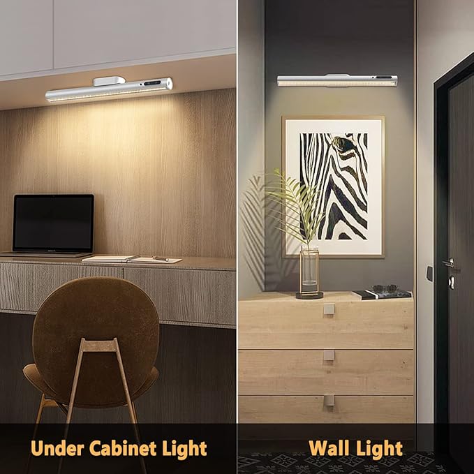 Hapfish Battery Powered Operated Wall Strip Lights, Rechargeable Magnetic LED Light Bar with Remote Control, Dimmable Desk Lamp, Under Cabinet Lighting Wireless for Picture Shelf Closet – Silver