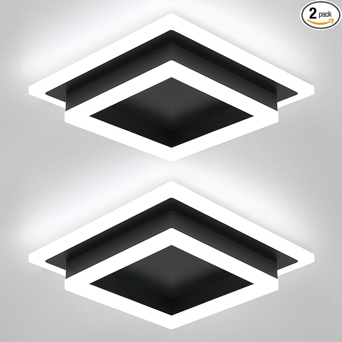 Modern LED Ceiling Light, Hallway Flush Mount Ceiling Light, 32W, 6000K, Black Square Hallway Lighting Fixtures for Living Room Kitchen Bedroom (Black) 2 Pack