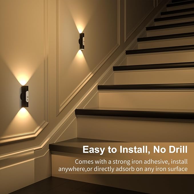 WOBSION Motion Sensor Wall Light with Remote Control, Rechargeable Wireless Wall Sconce, Brightness Adjustable, 3 Color Mode,Indoor Lamp for Hallway, Bedroom,Picture,LED,Black,2 Pack