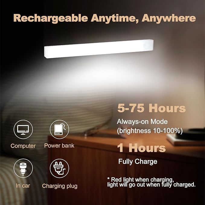 6 Pack Motion Sensor Under Cabinet Light, Magnetic Rechargeable 2 Color Under Counter Light, 8 Inch LED Closet or Stair Bedroom Cupboard